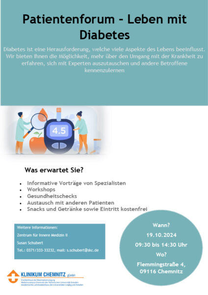 Patientenforum Leben mit Diabetes am 19.10.2024 9.30 bis 14.30 Uhr im Klinikum Chemnitz Flemmingstraße 4